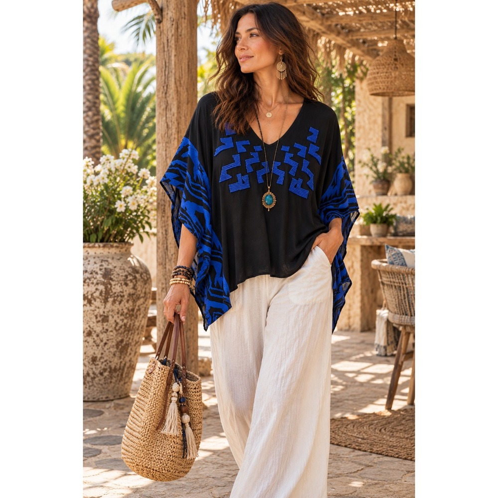 Dolan Left Coast Silk Beaded Poncho Top Black Blue Geometric V-Neck Boho Chic S